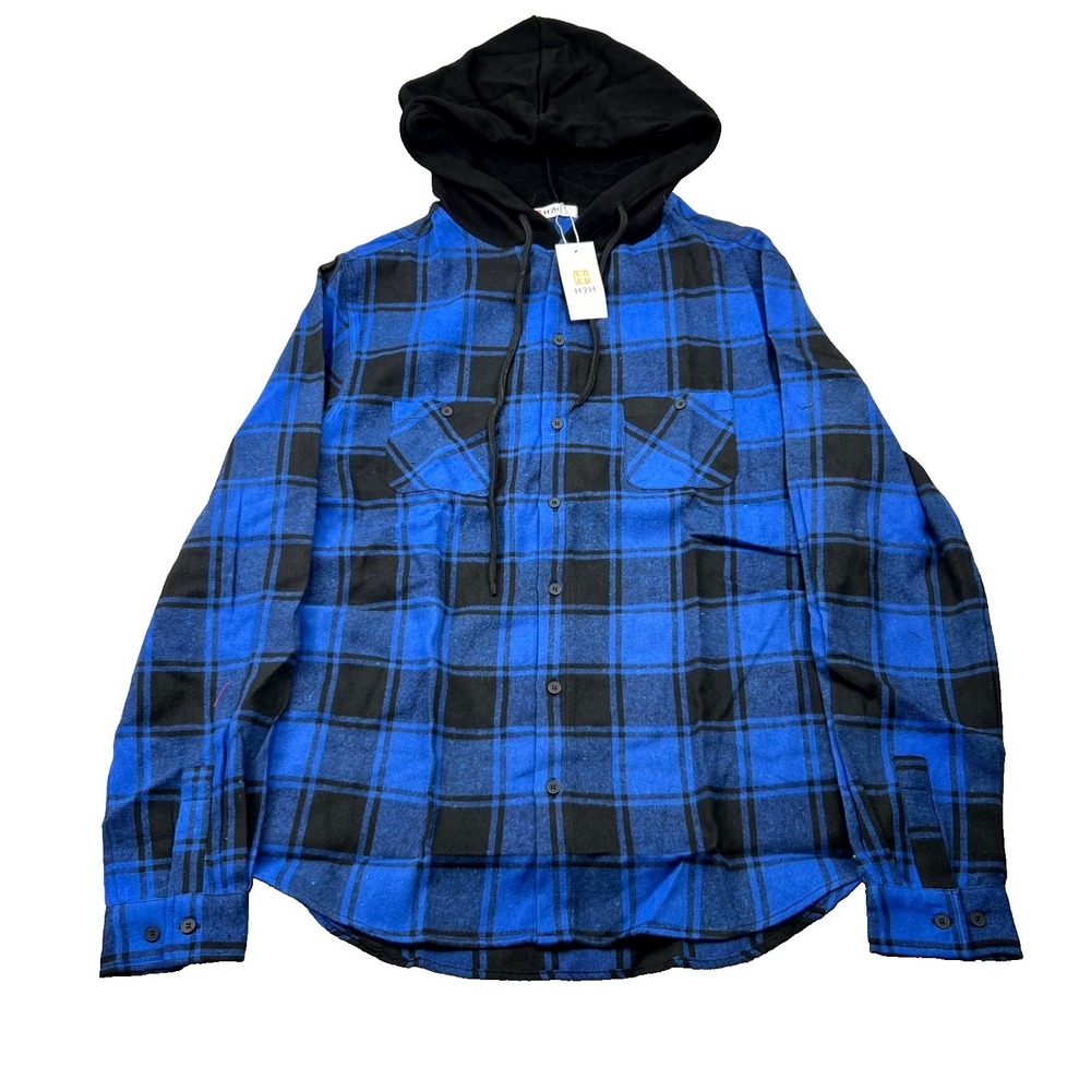 H2H Mens Shacket Medium Blue Plaid Jetpilot Check Flannel Hooded‎ Streetwear